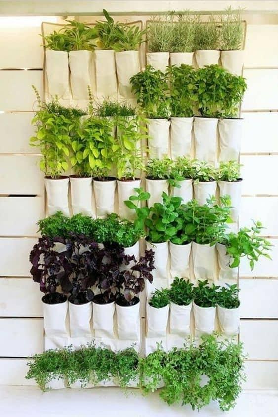 A vegetable trellis with eco-friendly cloth bags